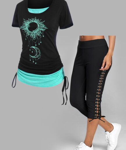 Dresslily Contrast Colorblock Celestial Sun Moon Print Cinched T Shirt and Plain Color Lace Up Elastic Waist Capri Leggings Casual Summer Outfit S Mul