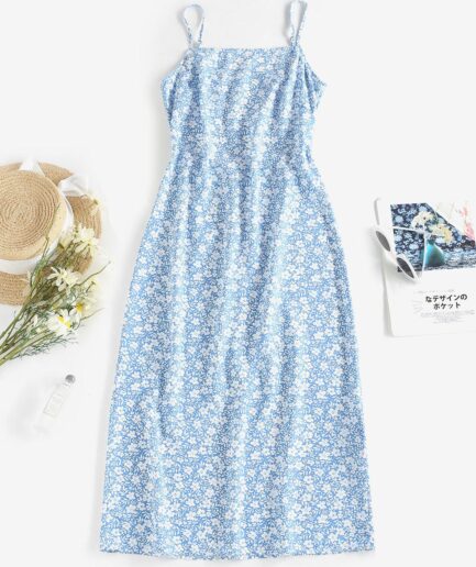 Mini Dress ZAFUL Floral Print Cutout Back Tie Midi Dress M Blue