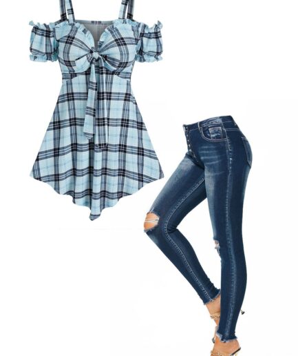 Dresslily Plaid Print Cold Shoulder Bowknot T Shirt and Pockets Ripped Button Fly Design Dark Wash Jeans Trendy Outfit S Blue