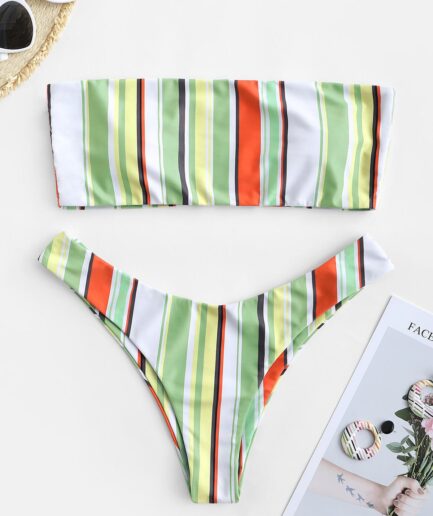 ZAFUL Striped High Cut Bandeau Bikini Set L Light green