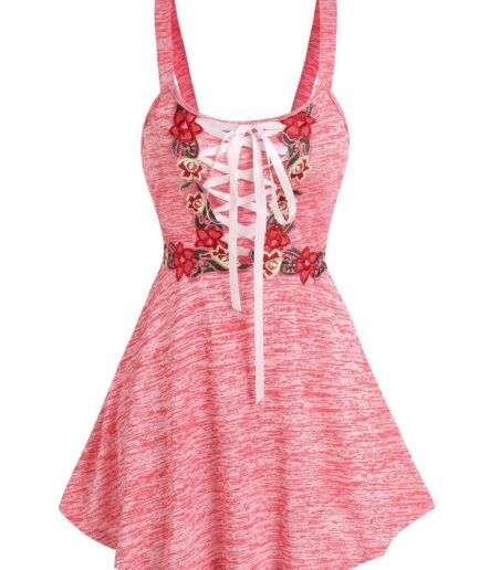 Dresslily Women Space Dye Embroidered Lace Up Skirted Tank Top Clothing L Light pink