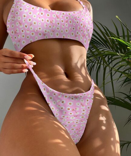 ZAFUL Ditsy Floral Low Rise String Bikini Swimwear L Light pink