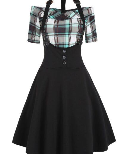Women Plaid Print Off The Shoulder Top And Racerback A Line Suspender Skirt Two Piece Set L Black