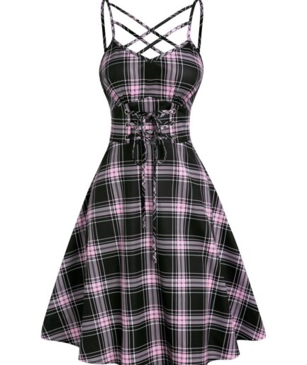Dresslily Women Plaid Print Casual A Line Mini Dress Lace Up Lattice Strap Empire Waist Summer Dress Clothing L Light pink