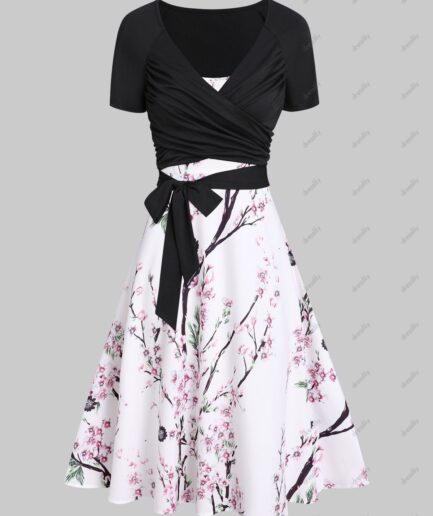 Women Peach Blossom Floral Print A Line Vacation Sundress and Bowknot Surplice T Shirt Two Piece Summer Set S White