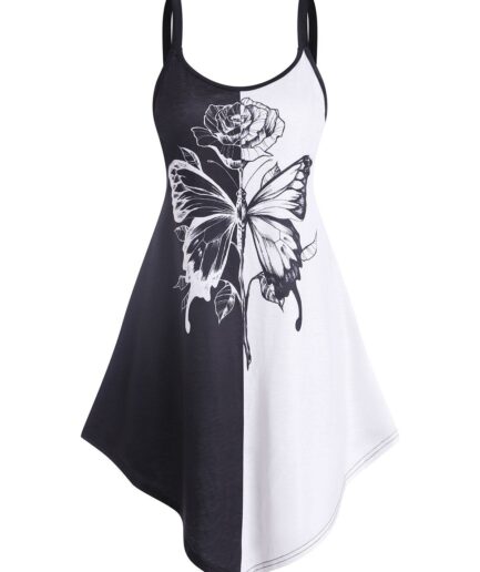 Dresslily Women Floral Butterfly Print Casual Mini Dress Monochrome Asymmetrical Hem Summer Dress Clothing M Black