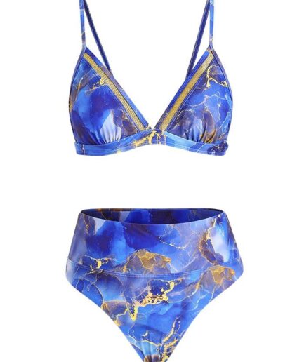 Dresslily Women Tie Dye Bikini Swimsuit Printed High Waist Padded Plunging Neck Tied Open Back Beach Tummy Control Swimwear Swimsuit M Blue