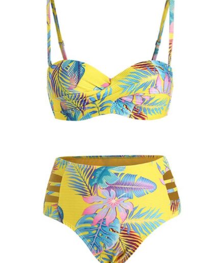 Dresslily Women Tropical Bikini Swimsuit Ruched Underwire Push Up Ladder Cut Out High Waist Twisted Leaf Floral Print Beach Swimwear Swimsuit M Multic