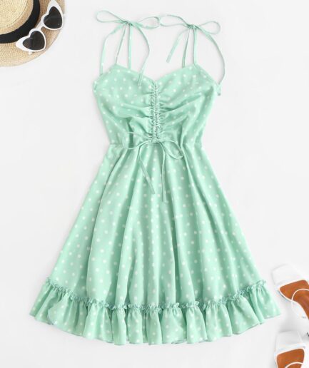 Casual Tie Shoulder Cinched Polka Dot Mini Dress M Green