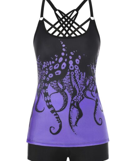 Dresslily Women Tummy Control Tankini Swimsuit Crisscorss Octopus Print Swimwear Boyshort Summer Beach Bathing Suit Swimsuit L Purple