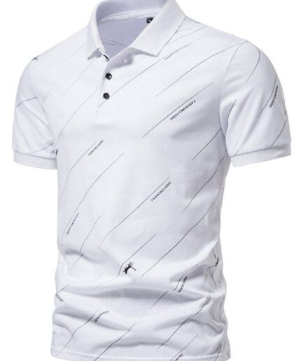 Men T-Shirts Summer Casual T Shirt Striped Letter Leopard Print Half Button Turn Down Collar Short Sleeve Tee Clothing Online L White