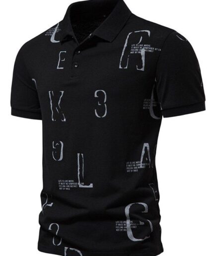 Men T-Shirts Casual T Shirt Letter Print Half Button Short Sleeve Turn Down Collar Summer Tee Clothing Online L Black