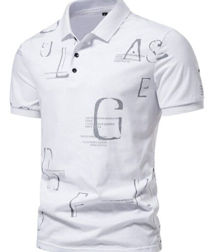 Men T-Shirts Casual T Shirt Letter Print Half Button Short Sleeve Turn Down Collar Summer Tee Clothing Online L White