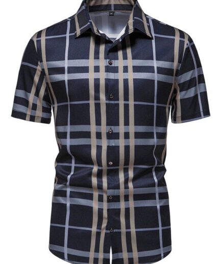 Clothing Online Vintage Shirt Plaid Print Turn Down Collar Short Sleeve Summer Casual Button Up Shirt L Cadetblue