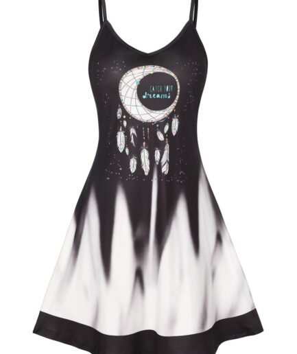 Dresslily Women Retro Dreamcatcher Slogan Print Mini Dress Sleeveless Spaghetti Strap Cami Dress Clothing L Black