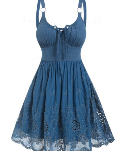 Dresslily Women Hollow Out Flower Embroidery Mini Dress O Ring Straps Lace-up A Line Dress Sleeveless Summer Dress Clothing L Blue