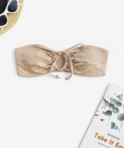 Ribbed Leopard Print Bandeau Bikini Top M Light coffee