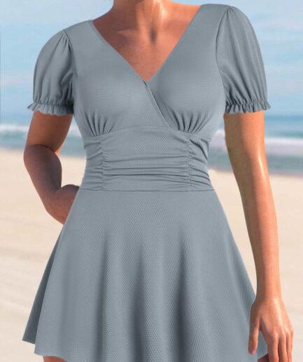 Dresslily Women Textured Ruched Puff Sleeve Skirted One-piece Swimsuit Beachwear Gray