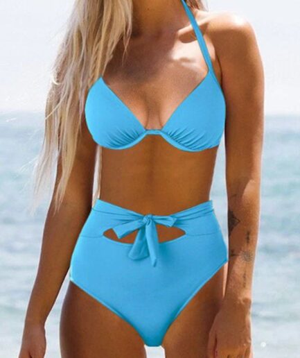 Dresslily Women Tummy Control Bikini Swimsuit Bright Color Ruched Underwire Push Up Tied Cut Out Summer Beach Halter Swimwear Swimsuit L Blue