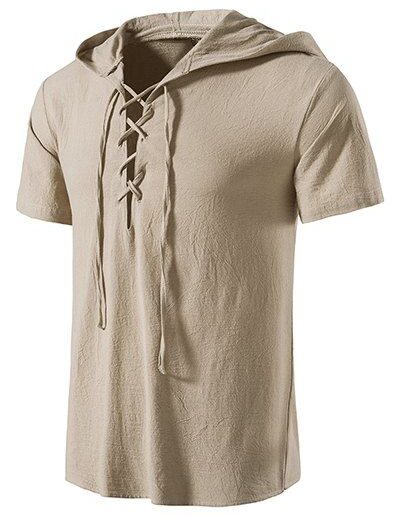 Men T-Shirts Casual T Shirt Hooded Solid Color Lace Up Short Sleeve Summer T Shirt Clothing Online L Light coffee