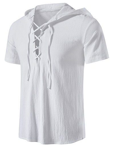 Men T-Shirts Casual T Shirt Hooded Solid Color Lace Up Short Sleeve Summer T Shirt Clothing Online L White