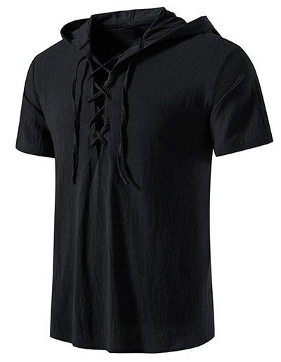 Men T-Shirts Casual T Shirt Hooded Solid Color Lace Up Short Sleeve Summer T Shirt Clothing Online L Black