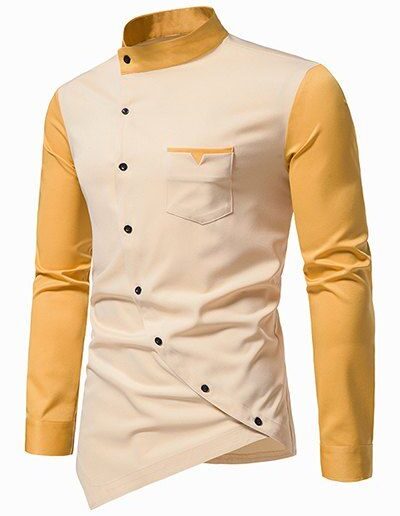 Men Shirt Casual Shirt Colorblock Front Pocket Stand Collar Asymmetrical Hem Oblique Button Closure Long Sleeve Shirt Clothing Online L Yellow