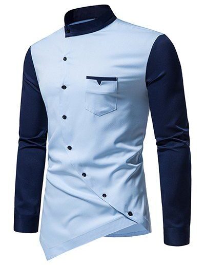 Men Shirt Casual Shirt Colorblock Front Pocket Stand Collar Asymmetrical Hem Oblique Button Closure Long Sleeve Shirt Clothing Online L Blue