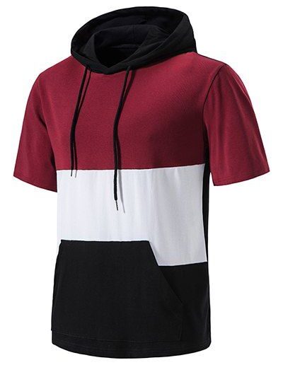 Men T-Shirts Contrast Colorblock T Shirt Hooded Drawstrings Pockets Summer Casual Tee Clothing Online L Red wine