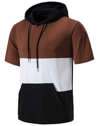 Men T-Shirts Contrast Colorblock T Shirt Hooded Drawstrings Pockets Summer Casual Tee Clothing Online L Coffee