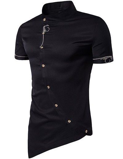 Clothing Online Asymmetric Pointed Hem Shirt Embroidery Oblique Button Closure Short Sleeve Shirt L Black