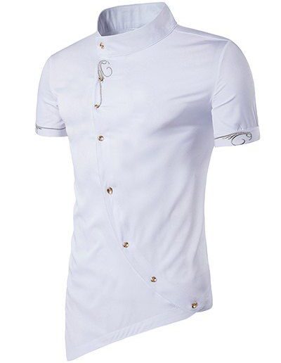 Clothing Online Asymmetric Pointed Hem Shirt Embroidery Oblique Button Closure Short Sleeve Shirt L White
