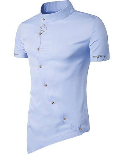 Clothing Online Asymmetric Pointed Hem Shirt Embroidery Oblique Button Closure Short Sleeve Shirt L Light blue