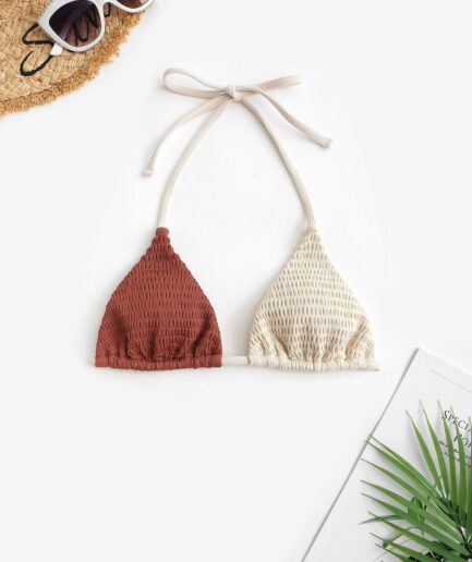 Two Tone Smocked Bikini Top L Deep coffee