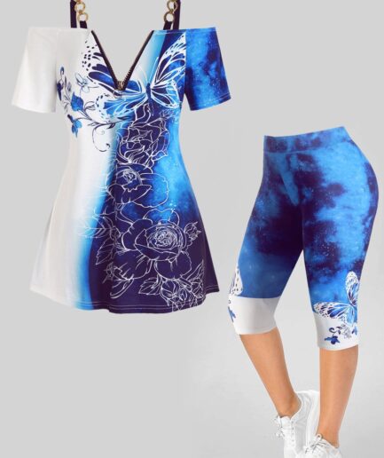 Dresslily Galaxy Flower Butterfly T-shirt and Capri Leggings Plus Size Summer Outfit L Blue