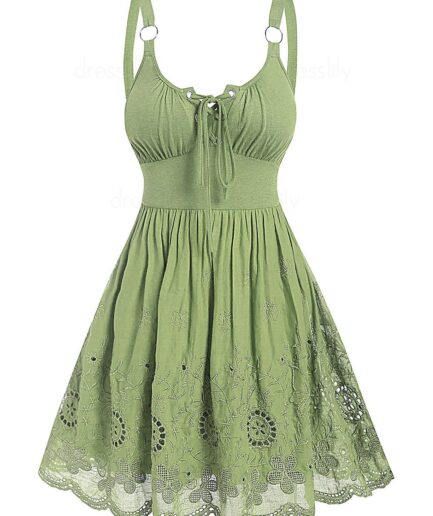 Dresslily Women Hollow Out Flower Embroidery Mini Dress O Ring Straps Lace-up A Line Dress Sleeveless Summer Dress Clothing M Light green