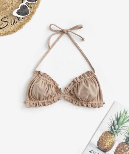 Ribbed Halter Collar Bikini Top M Light coffee