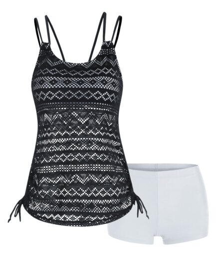 Dresslily Women Modest Tankini Swimsuit Crochet Bathing Suit Crisscross Cinched Hollow Out Boyleg Dual Strap Swimwear Set Swimsuit L White