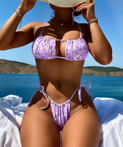 ZAFUL Floral Cutout Criss Cross Loincloth Bikini Swimwear L Light purple