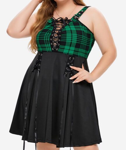 Dresslily Plus Size Dress Plaid Print Dress Lace Up Plunge Buckle Straps A Line Mini Dress L Green
