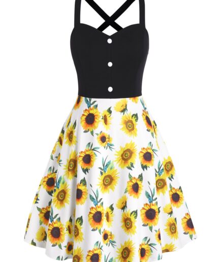 Dresslily WomenFRDresslily Femme Plus Size Dress Sunflower High Waisted Dress Mock Button Criss Cross A Line Mini Dress Clothing Online L Yellow