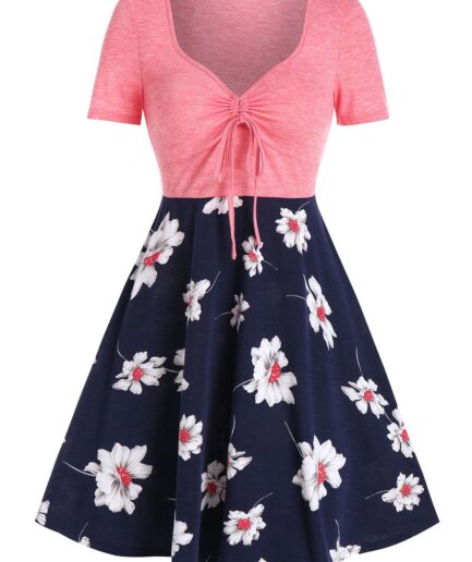 Dresslily WomenFRDresslily Femme Plus Size Dress Flower Print High Waisted Dress Cinched Tie A Line Mini Dress Clothing Online White