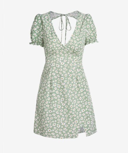 Print ZAFUL Daisy Floral Cutout Tie Slit Dress M Light green