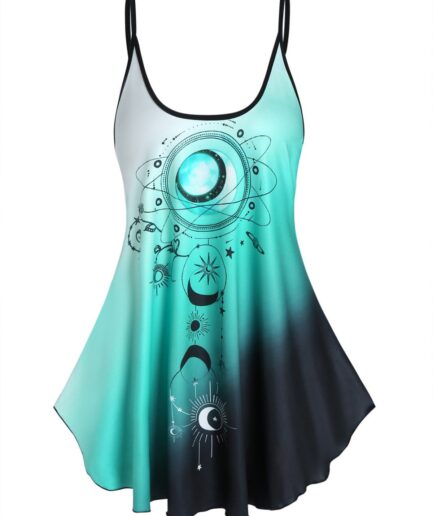 Dresslily Women Sun Moon Print Ombre Color Asymmetrical Hem Skirted Tent Cami Top Clothing M Green