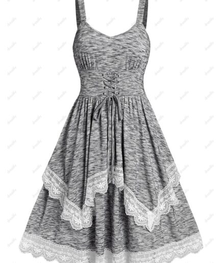 Dresslily Women Space Dye Casual Mini Dress Lace Up Floral Lace Panel Sleeveless Layered A Line Summer Dress Clothing L Light gray