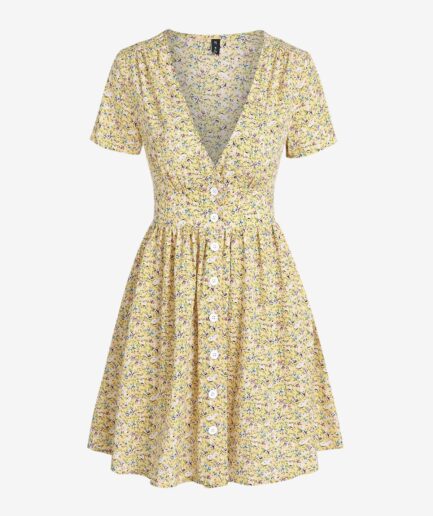 Print ZAFUL Ditsy Floral Plunge A Line Dress M Light yellow