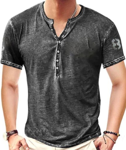 Men T-Shirts Casual T Shirt Heather Number Print Half Button Round Neck Short Sleeve Summer Tee Clothing Online M Black