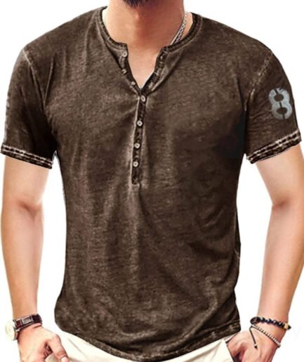 Men T-Shirts Casual T Shirt Heather Number Print Half Button Round Neck Short Sleeve Summer Tee Clothing Online L Brown