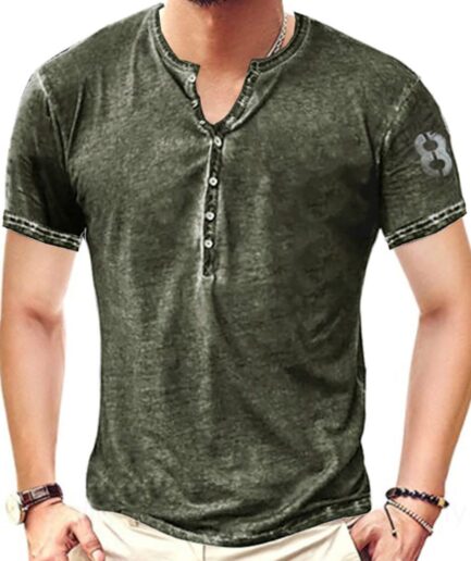 Men T-Shirts Casual T Shirt Heather Number Print Half Button Round Neck Short Sleeve Summer Tee Clothing Online M Green
