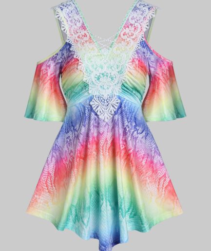Women Colorful Rainbow Print T Shirt Cold Shoulder Flower Crochet Lace Summer Tee Clothing L Multicolor